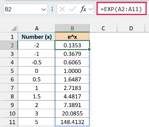 One EXP formula spills e raised to each number, from 0.1353 for -2 to 148.4132 for 5