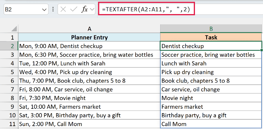 TEXTAFTER formula with instance_num 2 returning the task after the second comma