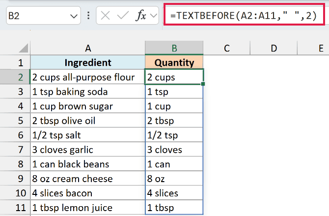TEXTBEFORE with instance_num 2 returns the quantity and unit, like 2 cups
