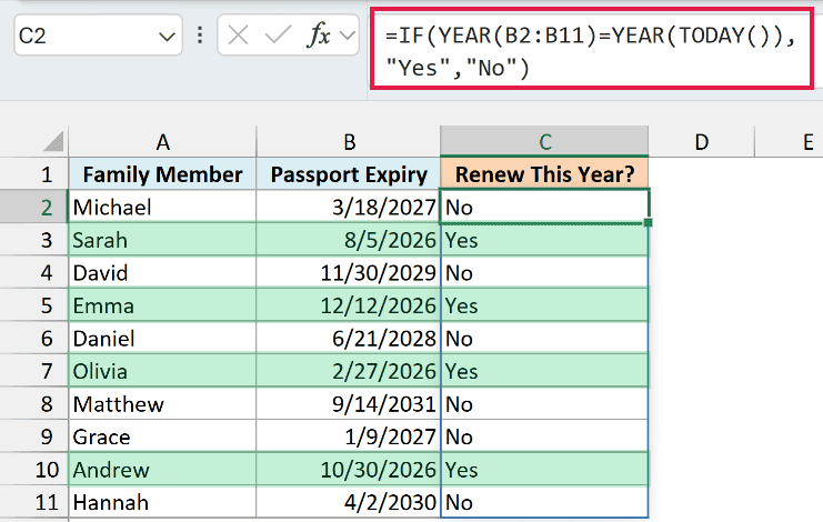 IF compares each expiry year with YEAR(TODAY()) and returns Yes for the four passports expiring in 2026