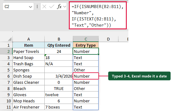 IF formula with ISNUMBER and ISTEXT labeling stock entries as Number, Text, or Other