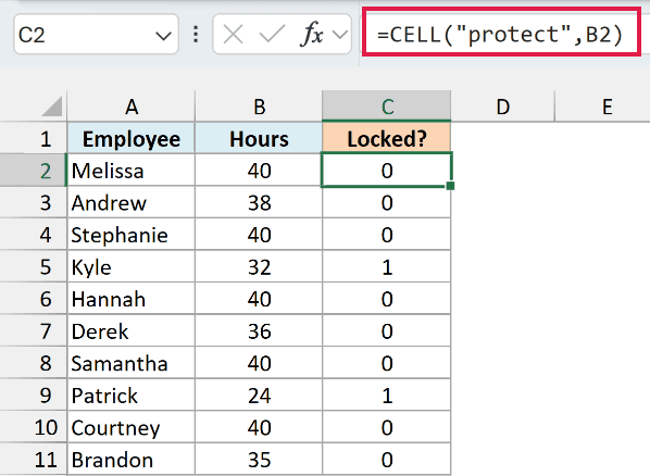 CELL protect formula returns 1 for the two Hours cells that are still locked and 0 for the unlocked ones