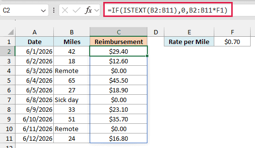IF and ISTEXT formula paying $0.00 on text-note days and miles times the rate on the rest