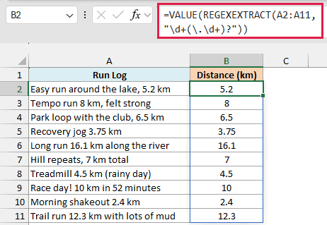 VALUE wrapped around REGEXEXTRACT returns the first number in each run log entry as a real number, such as 5.2 and 8