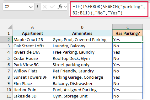 IF with ISERROR and SEARCH shows Yes for apartments whose amenities mention parking and No for the rest