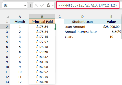 One PPMT formula spills the principal paid for months 1 to 12, from $175.54 to $184.60