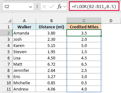 FLOOR function in Excel rounding distances down to the nearest 0.5 mile