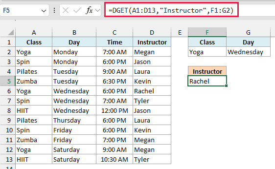 DGET formula with two criteria returning Rachel, the Wednesday Yoga instructor