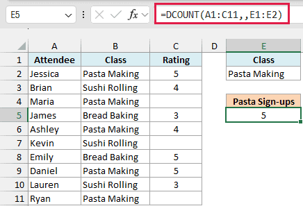 DCOUNT formula with the field argument left out, counting all 5 Pasta Making sign-ups