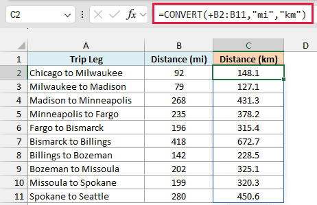 CONVERT with a plus sign before the range spills kilometers for every trip leg
