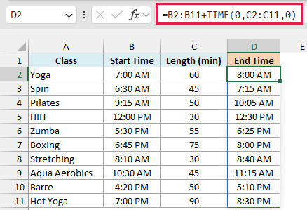 Adding TIME(0,C2:C11,0) to each start time gives the end time, so the 75-minute Boxing class ends at 8:00 PM