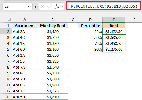 One PERCENTILE.EXC formula spills four percentile rents, from $1,472.50 to $2,275.00