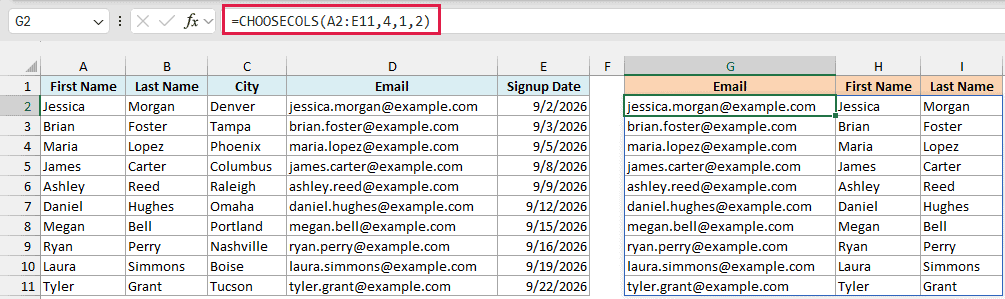 CHOOSECOLS with column numbers 4, 1, 2 puts the Email column first, followed by First Name and Last Name