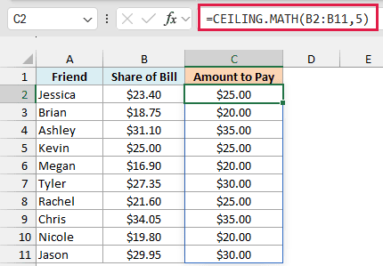 CEILING.MATH with 5 rounds each share up to the next $5, with Kevin's $25.00 unchanged