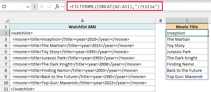 FILTERXML with CONCAT joins the pasted lines and returns all eight movie titles in order