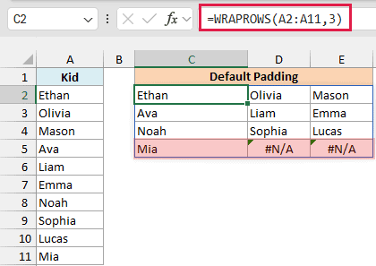 WRAPROWS puts the 10 kids into rows of three, with #N/A filling the two empty spots in the last row