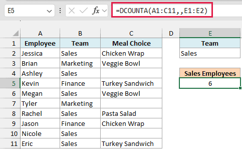 DCOUNTA with the field left out returns 6, every Sales employee on the list