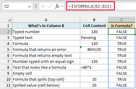 ISFORMULA results showing which kinds of cell content count as a formula