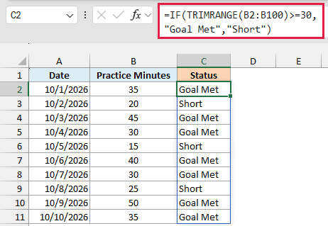 IF and TRIMRANGE formula marking each day as Goal Met or Short for the ten logged days