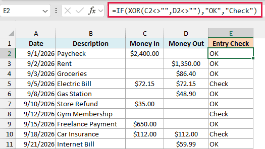 IF and XOR formula shows Check for entries with an amount in both columns or in neither column