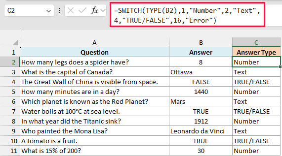 SWITCH with TYPE labels each quiz answer as Number, Text or TRUE/FALSE