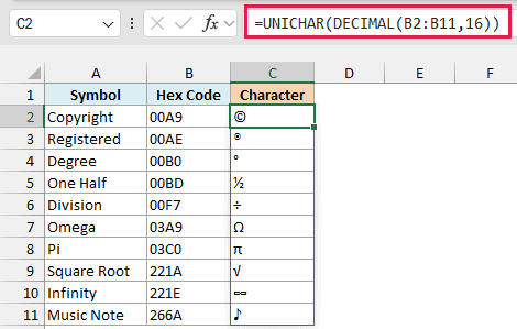 UNICHAR and DECIMAL formula converting each hex code into its symbol, such as 00A9 into the copyright sign