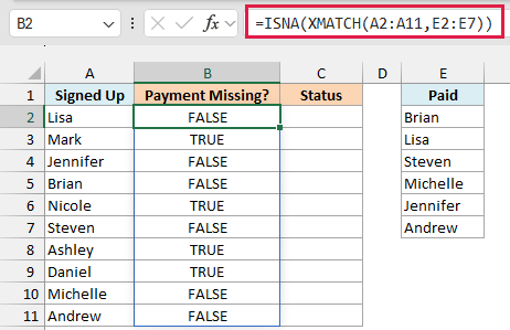 ISNA and XMATCH formula returning TRUE for the four people missing from the Paid list