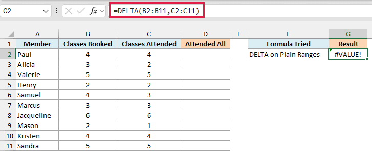 DELTA with plain ranges in G2 returns the #VALUE! error