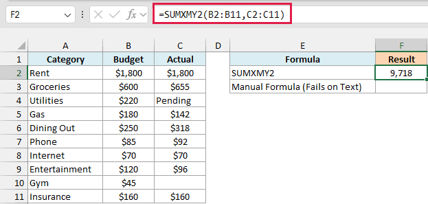 SUMXMY2 skips the pending and blank pairs and returns 9,718