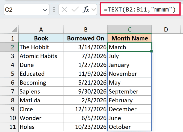 TEXT with the mmmm format code spills the full month name for each borrowed date