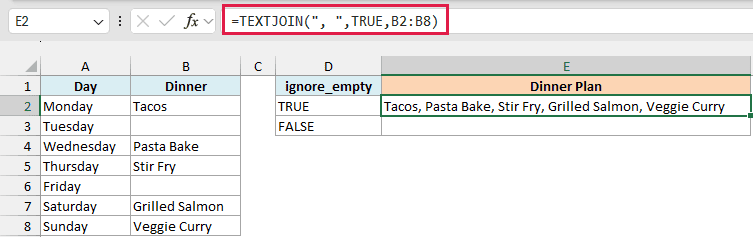 TEXTJOIN with TRUE skipping blank dinners