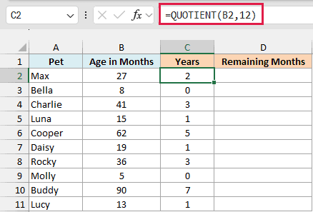 QUOTIENT divides each age by 12 to get full years, so 27 months is 2 years