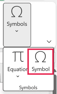 Symbol option in the Symbols drop-down on the Insert tab
