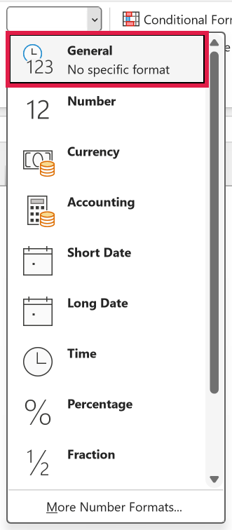 General highlighted in the Home tab's Number Format dropdown to show fiscal year results as numbers