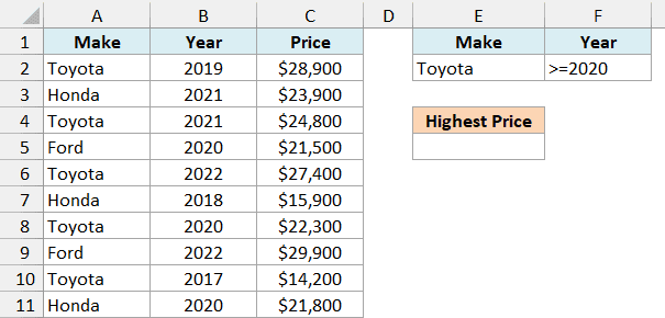 Excel spreadsheet showing a car database and a criteria range to find the highest price for Toyota models from 2020 on