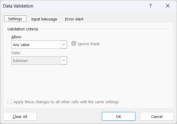 The Data Validation dialog before choosing a validation type.