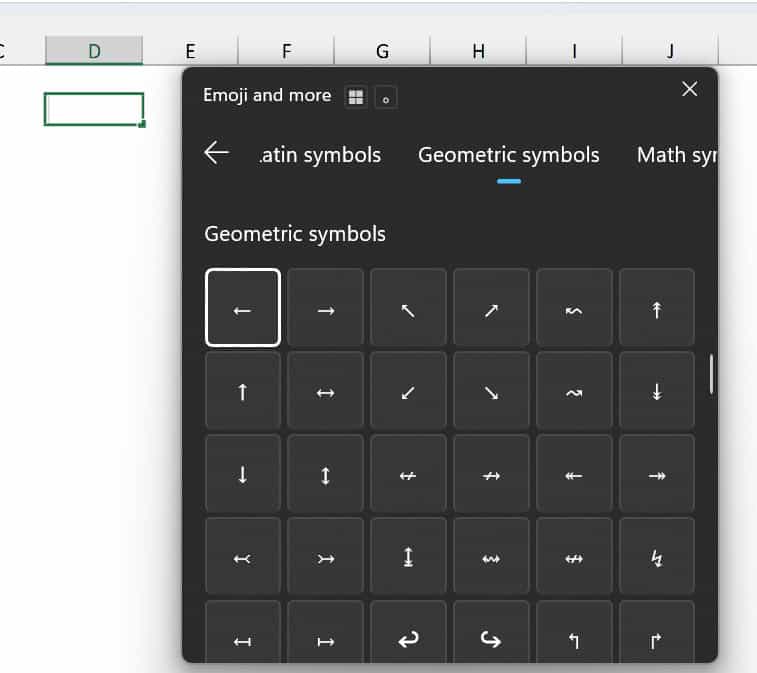 Geometric symbols in the Windows emoji panel showing arrow symbols