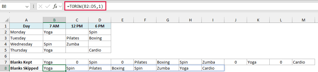 TOROW with ignore set to 1 skips the blank cells and lists eight classes