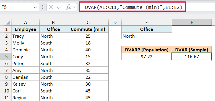 DVAR formula in F5 returning 116.67 beside the DVARP result of 97.22