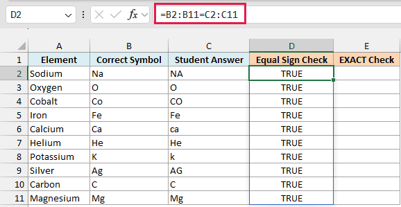 The equal sign returns TRUE for all ten answers, even Co vs CO, because it ignores case