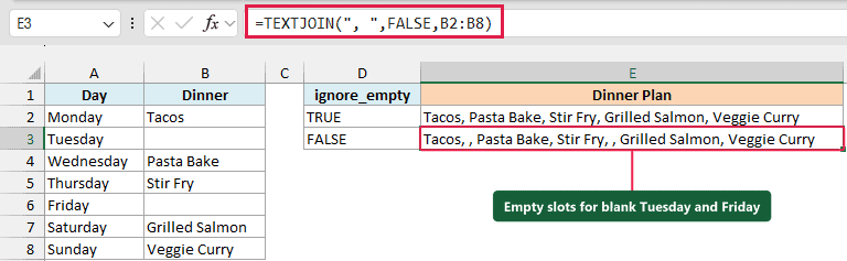 TEXTJOIN with FALSE keeping blank dinner positions