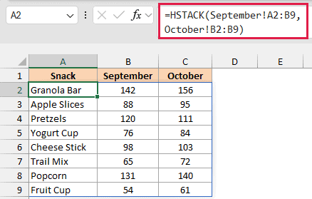 HSTACK pulls snack names with September and October units side by side from two sheets