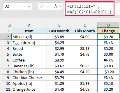 IF and NA formula returning the price change, or #N/A where this month's price is missing