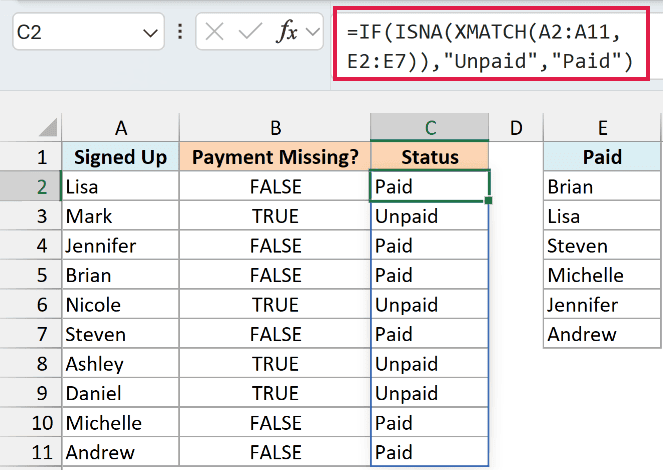 IF, ISNA and XMATCH formula labeling each person Paid or Unpaid