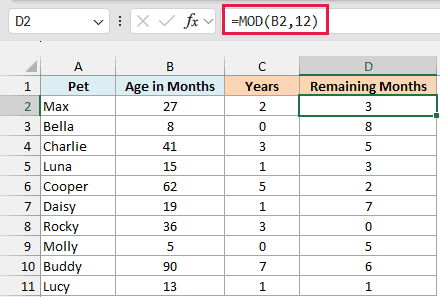 MOD gives the months left over after the full years, so 27 months leaves 3
