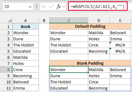 WRAPCOLS with pad_with set to an empty string leaves the two empty spots in the last column blank