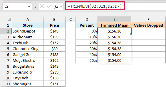 One TRIMMEAN formula spills a trimmed mean for each percent, and the results come in matching pairs