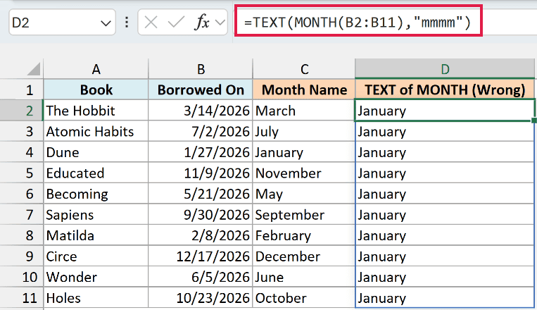 Wrapping MONTH inside TEXT returns January on every row in column D, beside the correct month names in column C