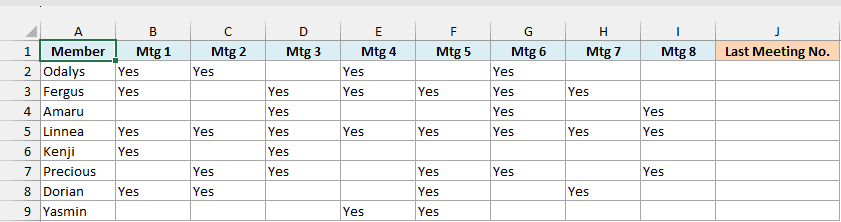 The book club attendance grid covers eight meetings beside an empty Last Meeting No. column.