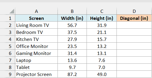 Eight screens with their width and height in inches and an empty Diagonal column